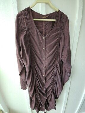 Privatsachen Silk Mauve Button-Front Ruched V-Neck Dress Lagenlook Size 2 Medium
